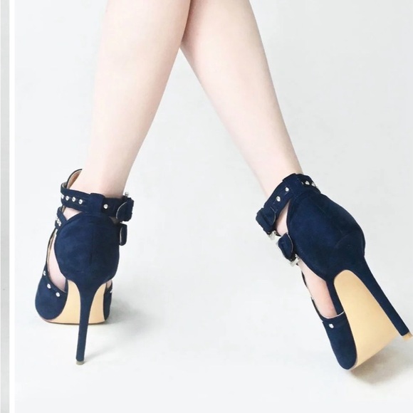 XYD Navy Peep-Toe High Heels with Buckle Detail - Picture 2 of 8